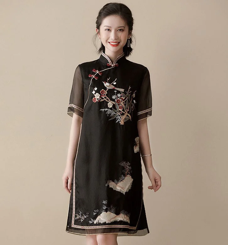 Floral Embroidery Silk & Organza Modern Cheongsam Casual Chinese Dress Tunic Top Casual Floral Embroidery Silk & Organza Modern Cheongsam Casual Chinese Dress Tunic Top Casual