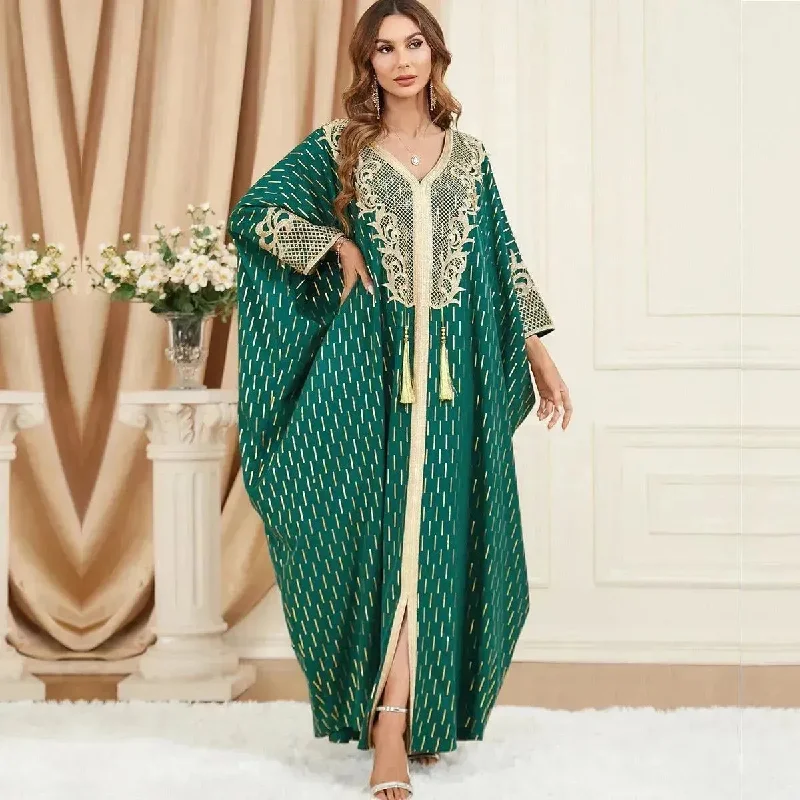 Dubai Turkey Arab Green Gilding Batwing Sleeve Bow Tie Stitching Middle East Popular Plus Size Tassel Split Dress Tunics Practical easy-care Dubai Turkey Arab Green Gilding Batwing Sleeve Bow Tie Stitching Middle East Popular Plus Size Tassel Split Dress Tunics Practical easy-care