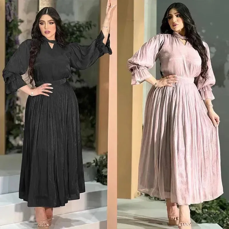 Fashionable Arab  Women's Bright Silk Satin Dress Tunics Chinos classic