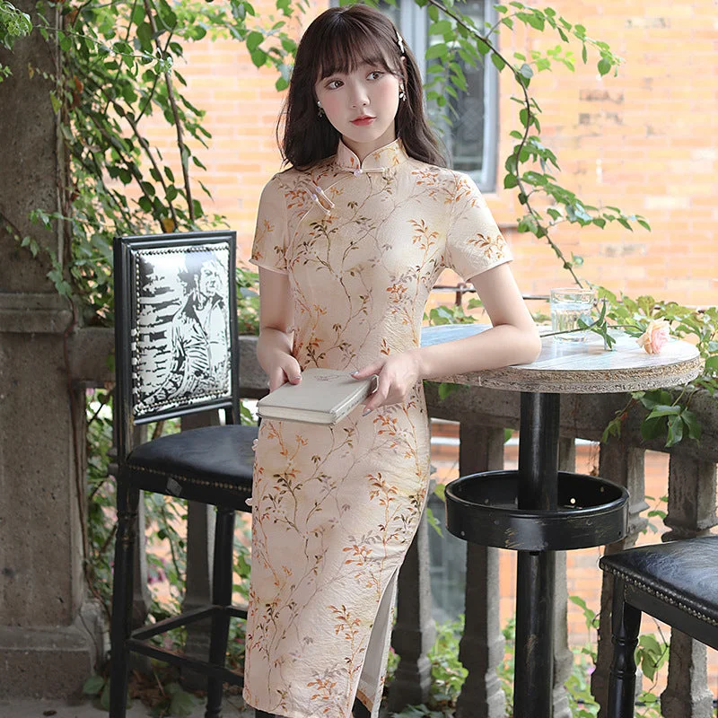 Floral Ramie Knee Length Modern Cheongsam Chic Girl Dress Tunics Solid Classic