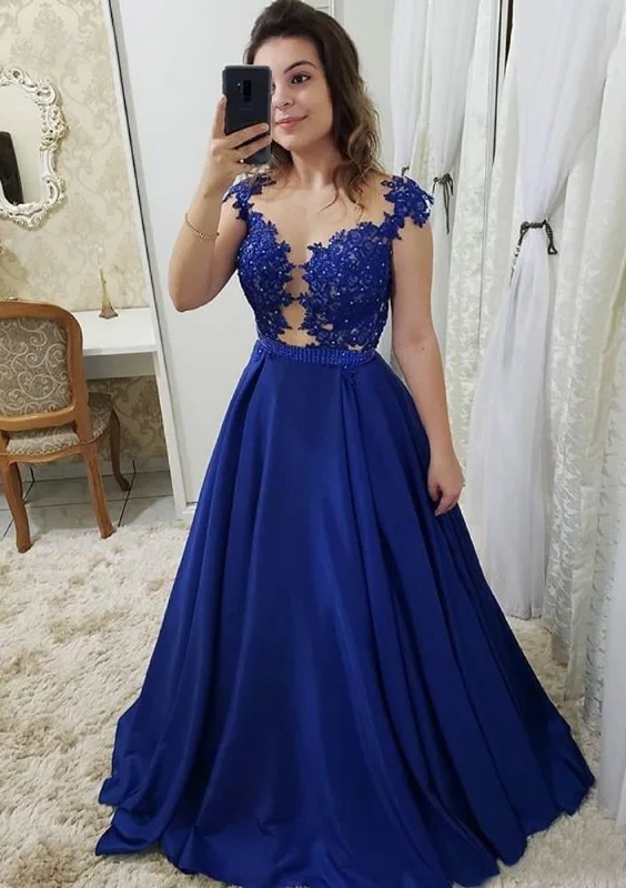 Royal Blue A-line Illusion Back Satin Formal Party Evening Prom Dress, Beaded Lace Tunics Gym athletic Royal Blue A-line Illusion Back Satin Formal Party Evening Prom Dress, Beaded Lace Tunics Gym athletic