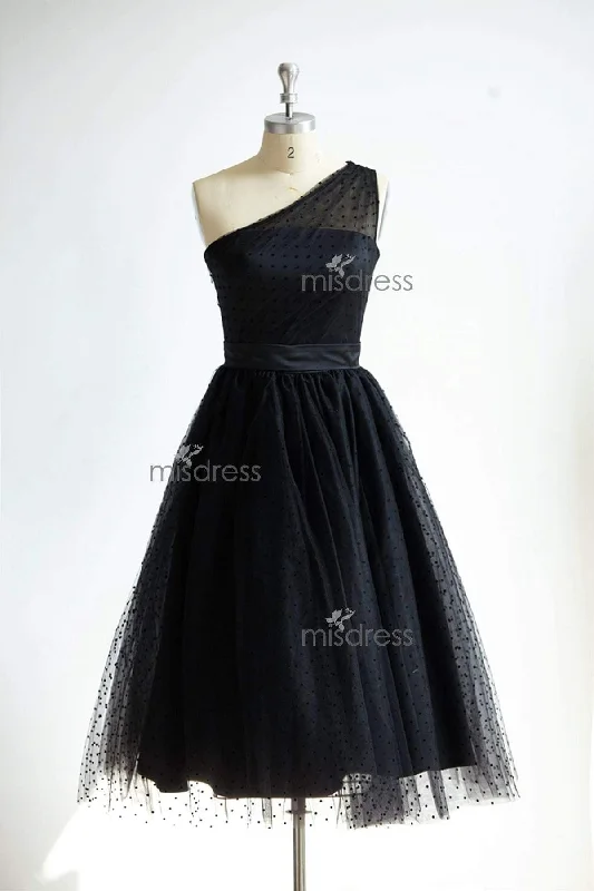 One Shoulder Black Polk Dot Tulle Tea Length Prom Party Cocktail Dress Tunics Fleece cozy