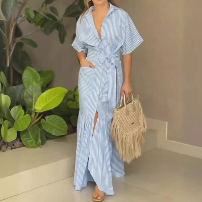 Women Striped Collared Mid Length Dress Tunics Versatile all-occasion
