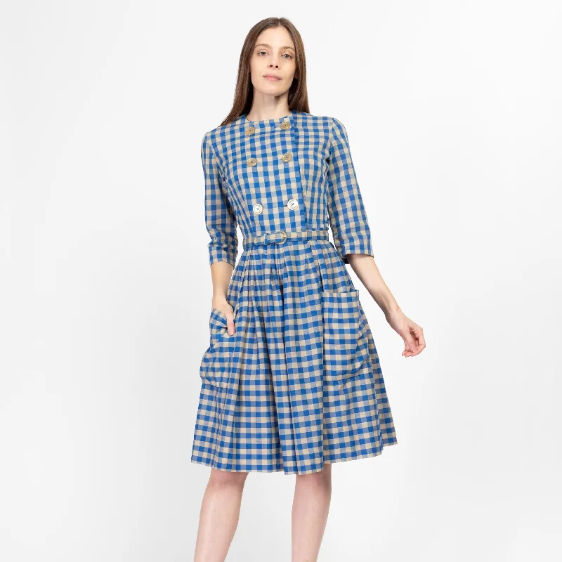 XS 1950s Blue Gingham Belted Fit & Flare Day Dress Tunics Print Colorful
