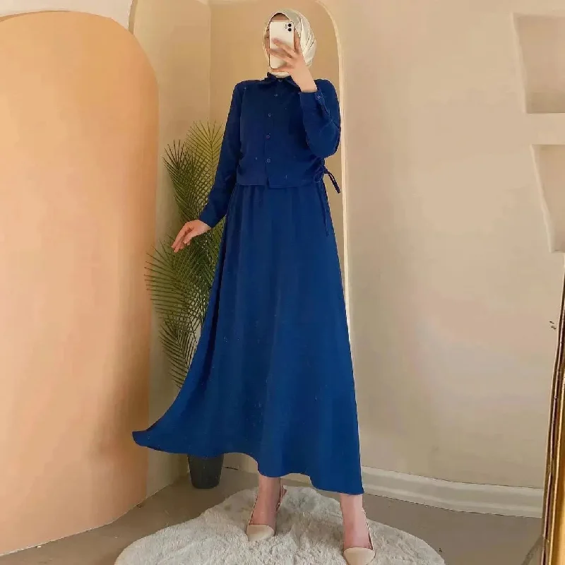 Solid Color Long Sleeve Skirt Suit for Elegant Arab Dubai Turkey Middle Eastern Women Abaya Dress Tunics Sophisticated sleek Solid Color Long Sleeve Skirt Suit for Elegant Arab Dubai Turkey Middle Eastern Women Abaya Dress Tunics Sophisticated sleek