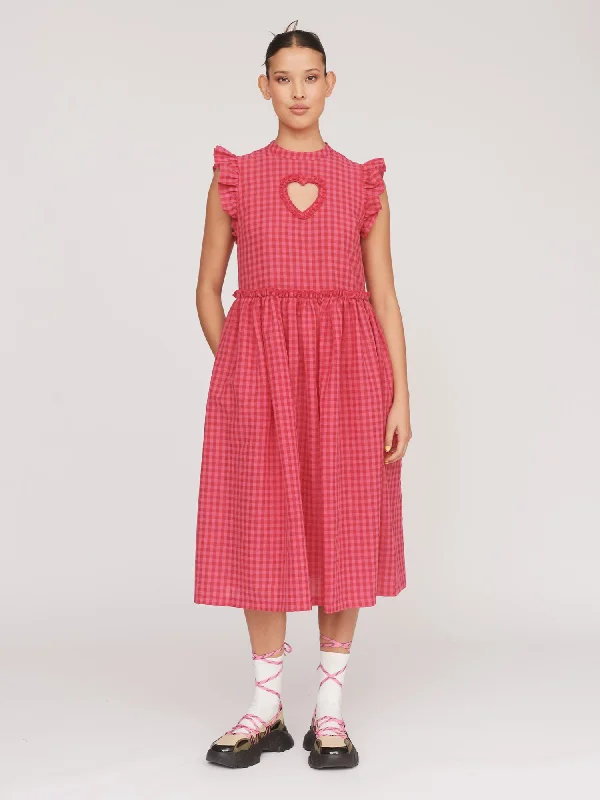 Cut Out Heart Gingham Smock Dress Elegant Long Evening