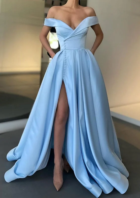 Off Shoulder Surplice Slit Sky Blue Satin Party Prom Dress, Buttons Tunics Canvas sturdy Off Shoulder Surplice Slit Sky Blue Satin Party Prom Dress, Buttons Tunics Canvas sturdy