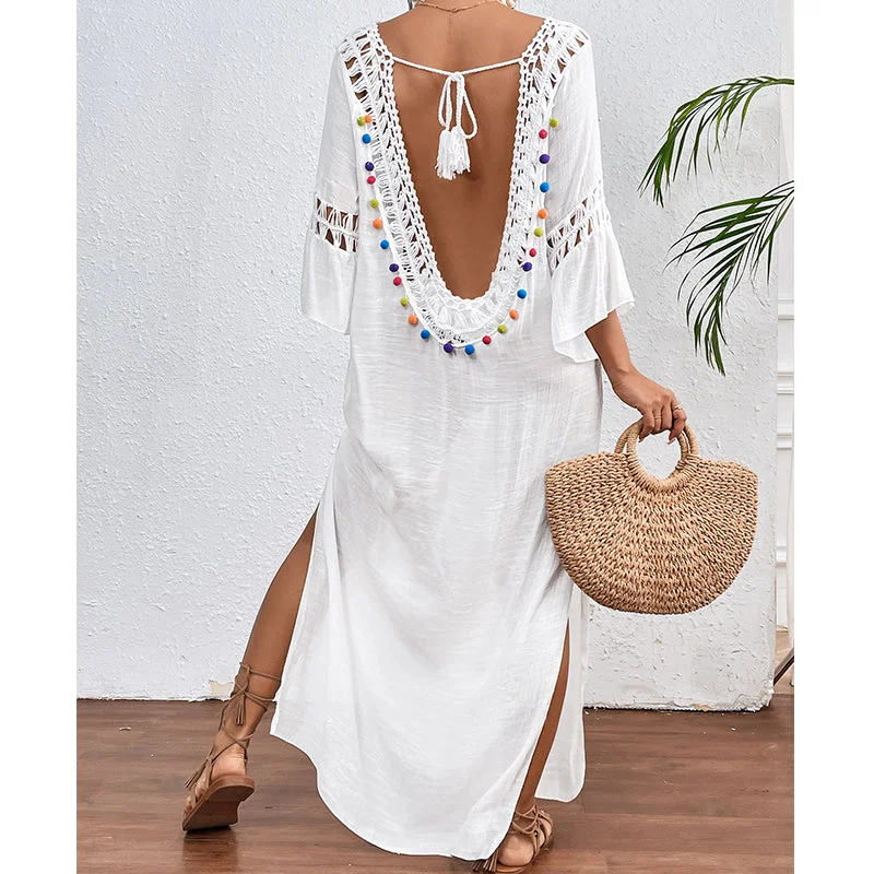 Women Hand Hook Stitching Colorful Ball Sexy Hollow Out Cutout Backless Loose Beach Long Cover Dress Tunics Luxurious high-end Women Hand Hook Stitching Colorful Ball Sexy Hollow Out Cutout Backless Loose Beach Long Cover Dress Tunics Luxurious high-end