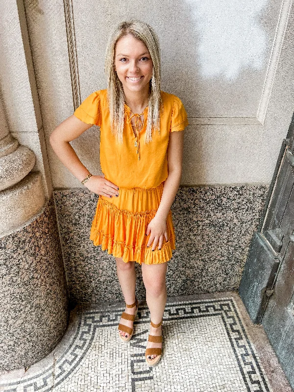 Marigold Satin Ruffle Dress-Final Sale Online Only Tunics Custom made