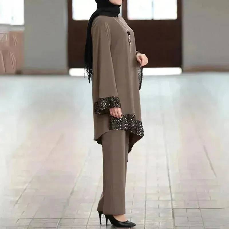 Elegant Two piece Dress Suit for Classy Arab Dubai Turkey Middle East Women Outfit set Tunics Chic fashionable Elegant Two piece Dress Suit for Classy Arab Dubai Turkey Middle East Women Outfit set Tunics Chic fashionable