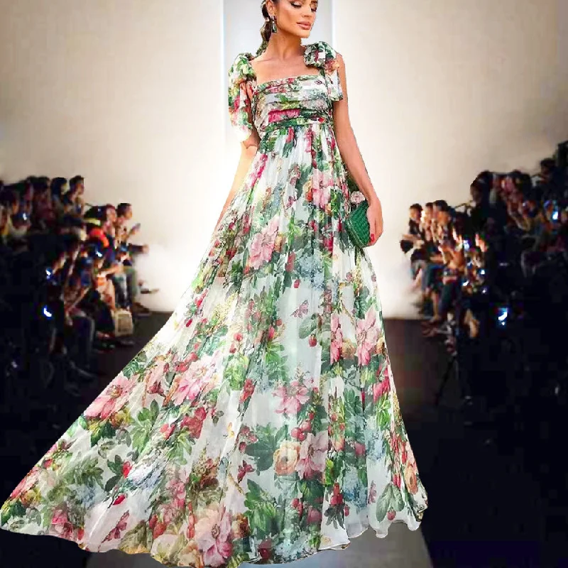 Summer Women Rose Print Pleated Wrapped Chest Wide Hem Flowy Strap Dress Women Tunics Designer luxury Summer Women Rose Print Pleated Wrapped Chest Wide Hem Flowy Strap Dress Women Tunics Designer luxury