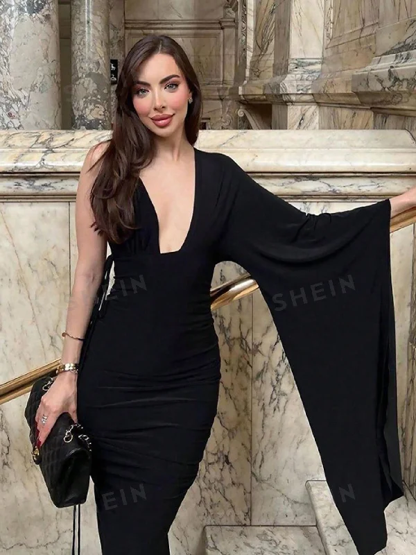 Women's Fashionable Single Shoulder Sleeve, Sexy Low-Cut Backless Evening Dress Tunics Stylish elegant Women's Fashionable Single Shoulder Sleeve, Sexy Low-Cut Backless Evening Dress Tunics Stylish elegant