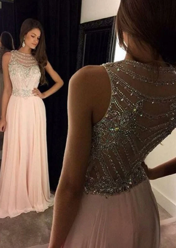 Beaded Crystal Jewel Neck Sleeveless Long Chiffon A-line Prom Party Evening Dress Tunics Office stylish Beaded Crystal Jewel Neck Sleeveless Long Chiffon A-line Prom Party Evening Dress Tunics Office stylish