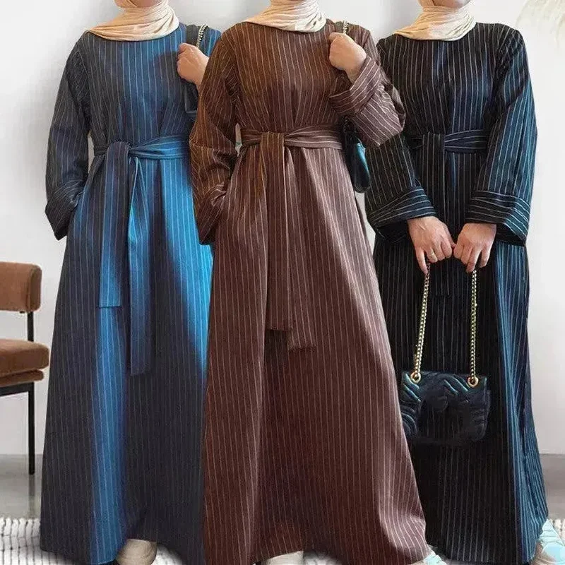 Fashionable Stripe Tunneled Abaya Dress for Elegant Arab Dubai Turkey Middle Eastern women. Tunics Custom made Fashionable Stripe Tunneled Abaya Dress for Elegant Arab Dubai Turkey Middle Eastern women. Tunics Custom made