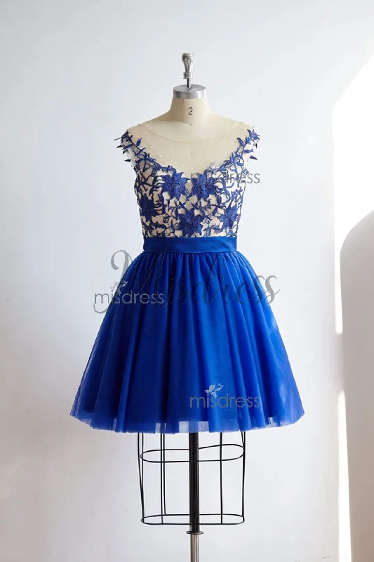 V Back Royal Blue Lace Tulle Knee Length Prom Party Cocktail Dress Tunics Bridal satin V Back Royal Blue Lace Tulle Knee Length Prom Party Cocktail Dress Tunics Bridal satin