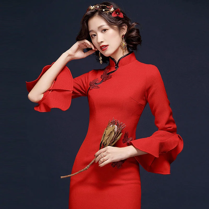 Ruffle Sleeve Cheongsam Top Retro Chinese Style Pencil Dress Turtleneck Neckline Stylish Ruffle Sleeve Cheongsam Top Retro Chinese Style Pencil Dress Turtleneck Neckline Stylish