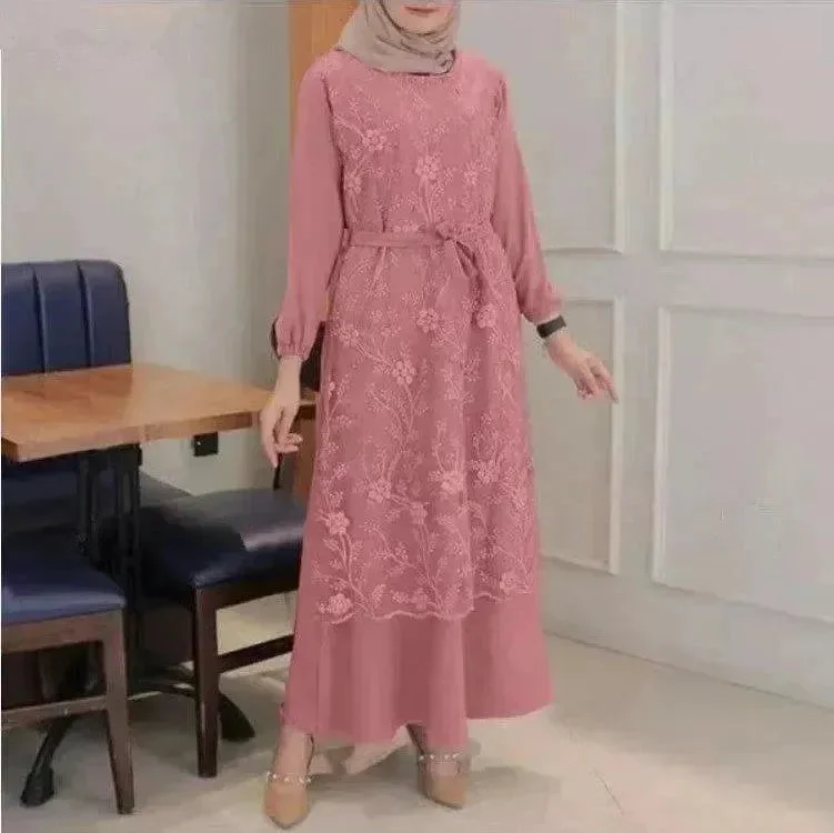 Arab  Round Neck Lace Floral Dress Tunics Short Trendy