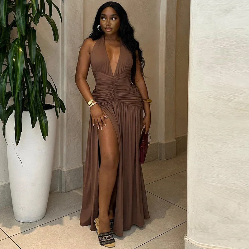 Women Clothing Solid Color Dress Sexy Sleeveless Deep V Plunge Neck Split Casual Waist Controlled Dress Tunics Fashionable trendy Women Clothing Solid Color Dress Sexy Sleeveless Deep V Plunge Neck Split Casual Waist Controlled Dress Tunics Fashionable trendy