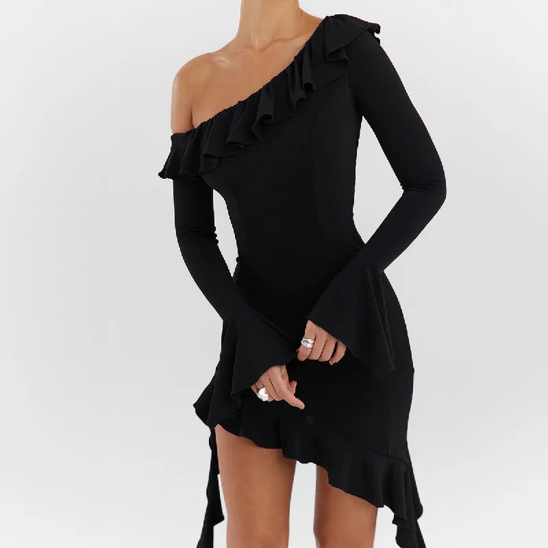 Women Clothing Spring Short Sleeve Diagonal Collar Slim Fit Backless Ear Dress Tunics Chic elegant Women Clothing Spring Short Sleeve Diagonal Collar Slim Fit Backless Ear Dress Tunics Chic elegant