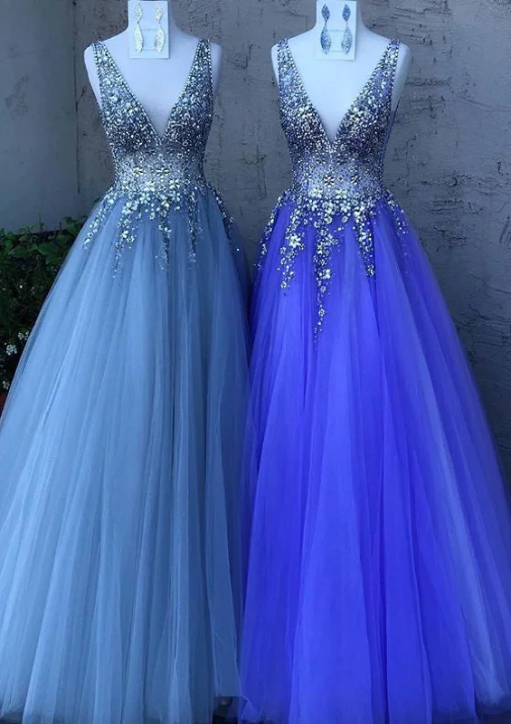 A-line/Princess V-neck Sleeveless Tulle Long Formal Party Prom Dress, Beaded Sequins Tunics Party sparkling A-line/Princess V-neck Sleeveless Tulle Long Formal Party Prom Dress, Beaded Sequins Tunics Party sparkling