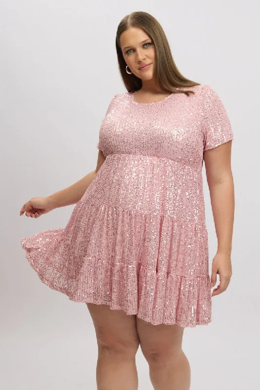 Pink Sequin Tiered Swing Dress Off-the-shoulder Chic Trendy