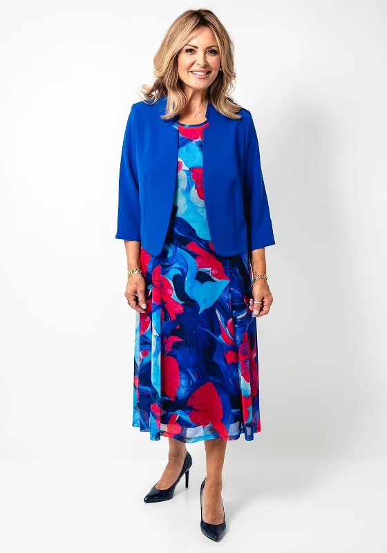 Avalon Abstract Floral Print Dress and Bolero Set, Royal Blue Halter Neckline Beach