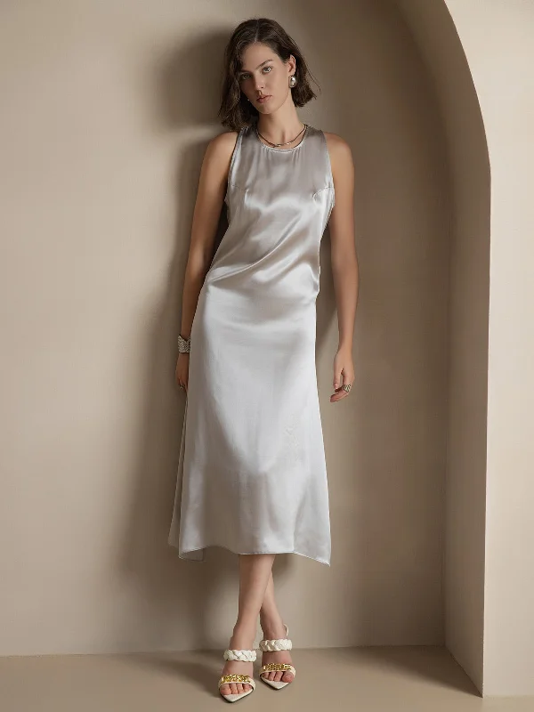 19Momme Silk Casual Sleeveless Long Dress sweetheart Neckline Romantic