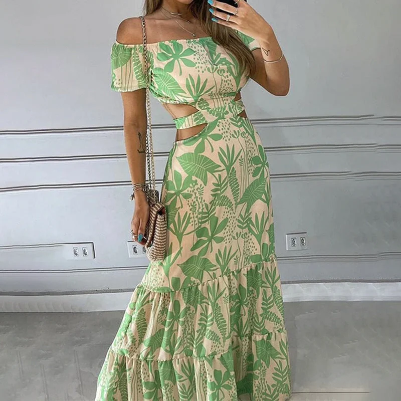 Summer Women Clothing Printed Elegant off Shoulder High Waist Hollow Out Cutout out Ruffled Dress for Women Tunics Summer linen Summer Women Clothing Printed Elegant off Shoulder High Waist Hollow Out Cutout out Ruffled Dress for Women Tunics Summer linen