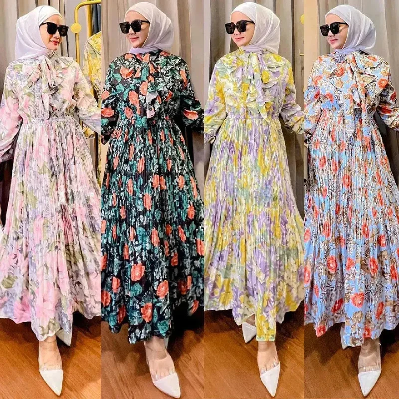 Arab  Malay Indonesian Ruffled Printed Dress Tunics Satin smooth