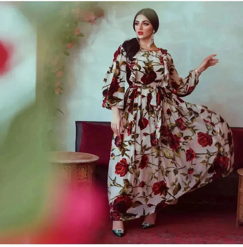 Middle Eastern Turkey Ruffled Rose Printed Bohemian Dress Bodycon Club Sequined