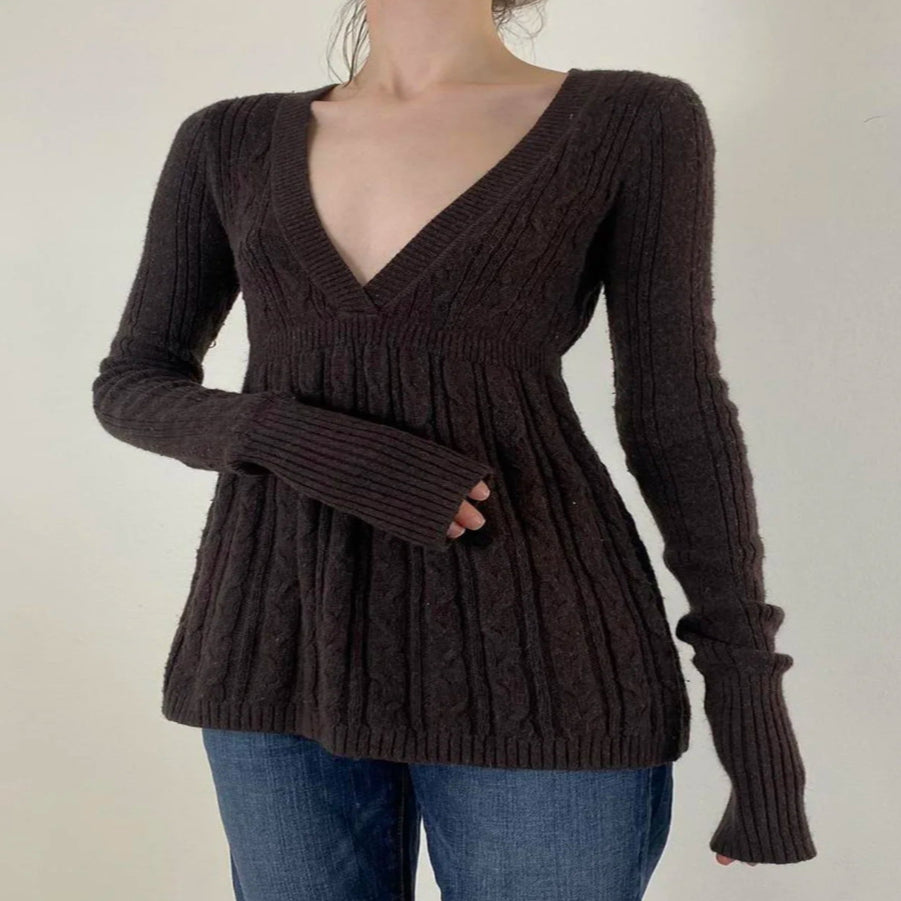 Vintage Warm Sweater For Women Goth Soft Long Sleeve V-neck Knitted Pullover Wrist Length Sleeve