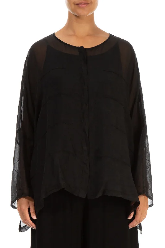 Detailed Black Silk Chiffon Jacket Zip Front Button Front Snap Front