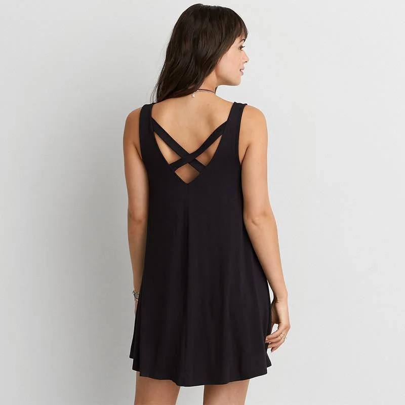 Sleeveless V Neck Black Knit Cotton Dress Women Cross Asual Dresses