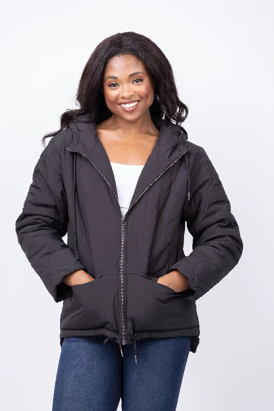 Lilla P Nylon Quilted Jacket in Jet Black Front Pockets Side Pockets Patch Pockets