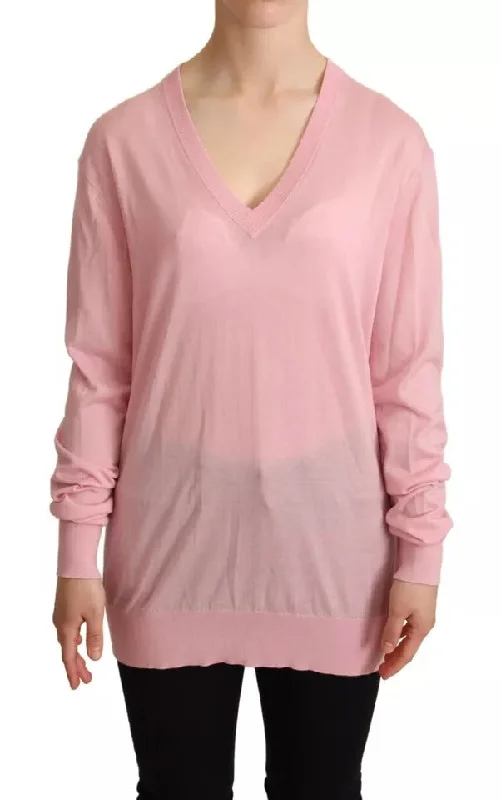 Pink V-neck Women Pullover Cashmere Sweater Besom Neck Pullover