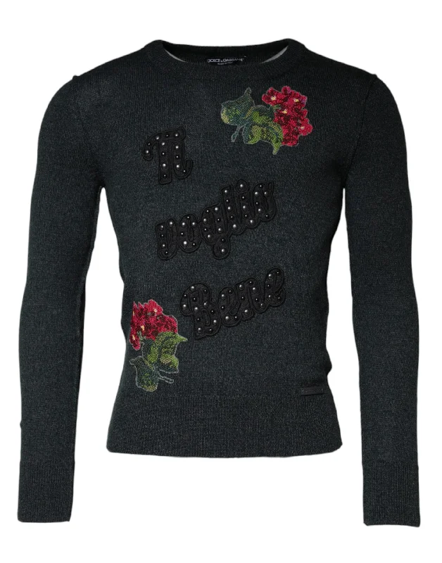Gray Embellished Crew Neck Pullover Sweater Flare Sleeve Stylish