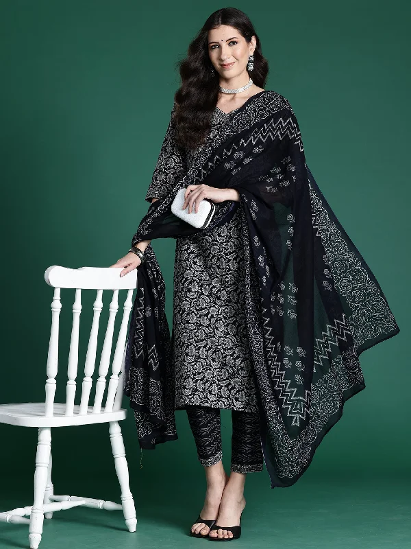 Women Black Printed Straight Kurta Trousers With Dupatta Set Trousers Floral Bohemian Women Black Printed Straight Kurta Trousers With Dupatta Set Trousers Floral Bohemian