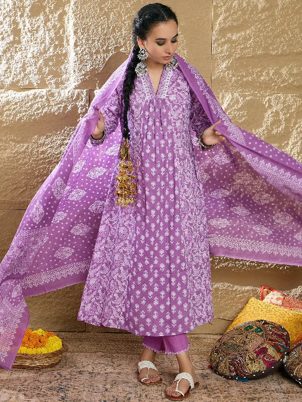 Women Lavender Printed A-Line Kurta Trousers With Dupatta Set Trousers Prom Sequined Women Lavender Printed A-Line Kurta Trousers With Dupatta Set Trousers Prom Sequined