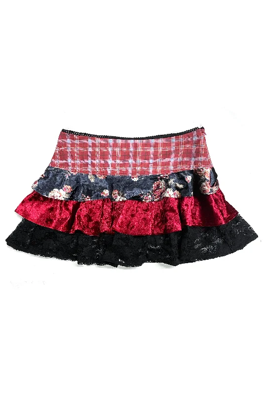 Annika Burgundy Patched Tiered Mini Skirt ribbed skirt waist