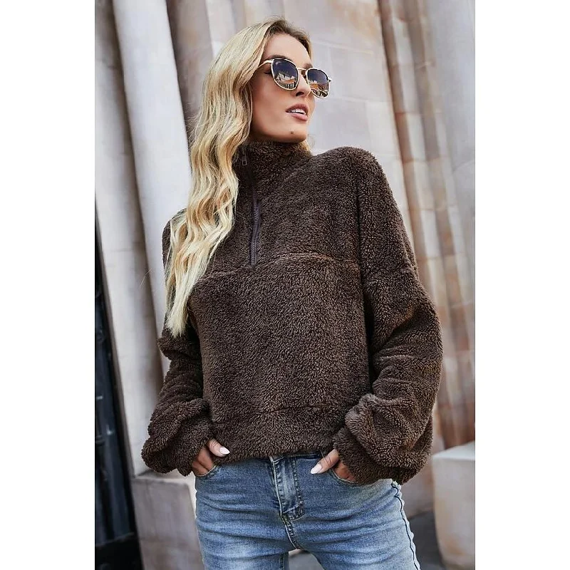 Women's Pullover Plain Quarter Zip Sweatshirt Flare Sleeve Stylish