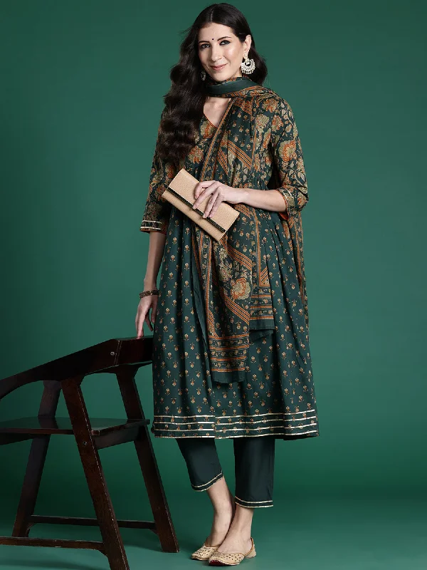 Women Green Printed A-Line Kurta Trousers With Dupatta Set Trousers Leather Faux