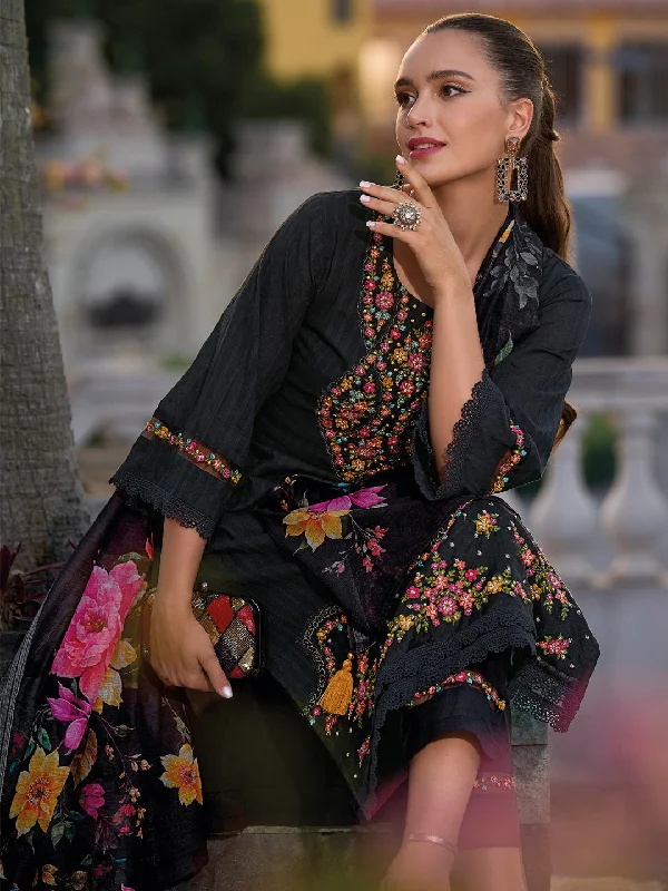 Women Black Embroidered Straight Kurta Trousers With Dupatta Set Trousers Harem Relaxed Fit Women Black Embroidered Straight Kurta Trousers With Dupatta Set Trousers Harem Relaxed Fit