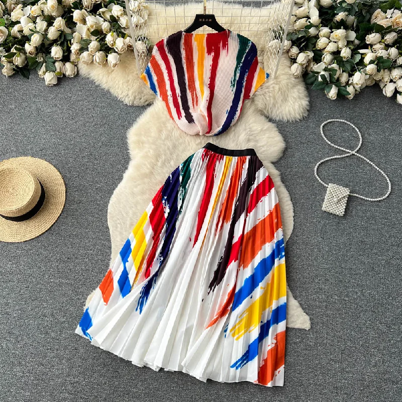 Women's Short-sleeved Top and High Waist Pleated Skirt Two-piece Outfit Set flowy skirt hem