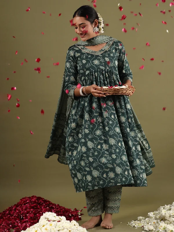 Women Green Printed A-Line Kurta Trousers With Dupatta Set Trousers Culottes Wide Leg Women Green Printed A-Line Kurta Trousers With Dupatta Set Trousers Culottes Wide Leg