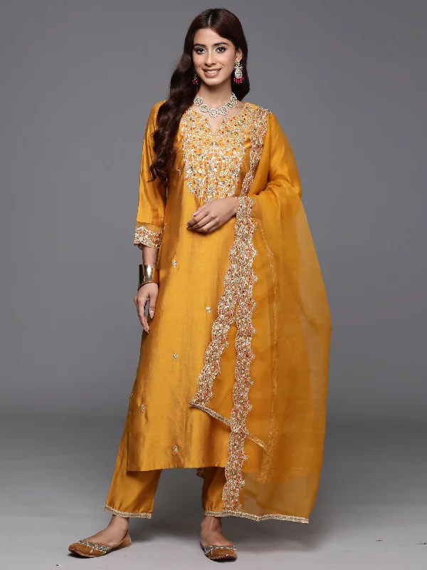 Women Mustard Embroidered Straight Kurta Trousers With Dupatta Set Trousers practical easy-care Women Mustard Embroidered Straight Kurta Trousers With Dupatta Set Trousers practical easy-care