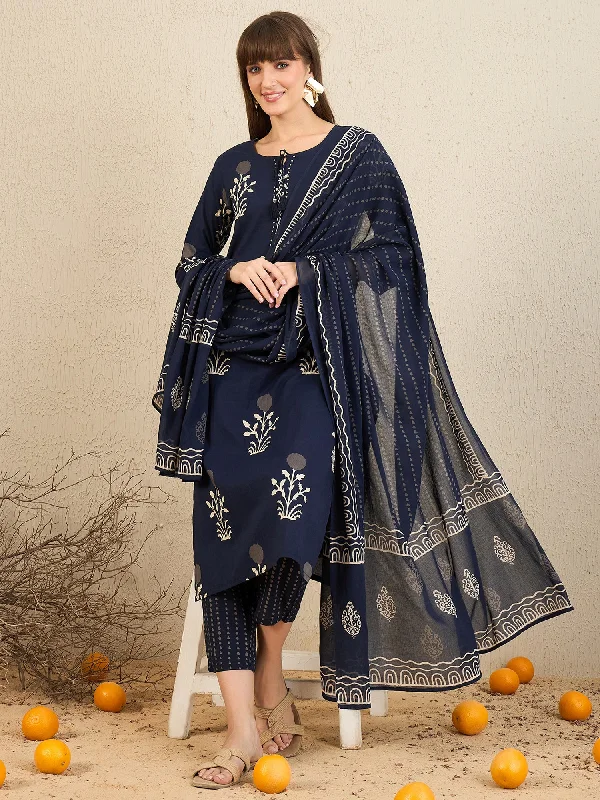 Women Navy Blue Printed Straight Kurta Trousers With Dupatta Set Trousers Gym Athletic Women Navy Blue Printed Straight Kurta Trousers With Dupatta Set Trousers Gym Athletic