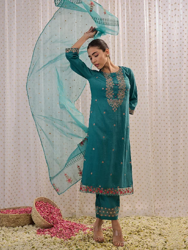 Women Sea Green Embroidered Straight Kurta Trousers With Dupatta Set Trousers Occasion Special Women Sea Green Embroidered Straight Kurta Trousers With Dupatta Set Trousers Occasion Special