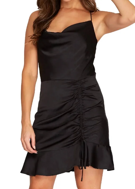 Cowl Neck Satin Dress In Black