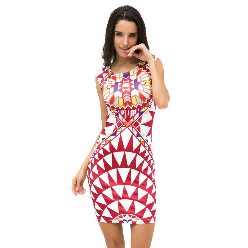Tropical Floral Print Sleeveless Sheath O-Neck Natural Knee-Length Dress Casual