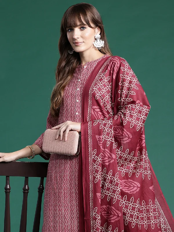 Women Pink Printed Straight Kurta Trousers With Dupatta Set Trousers Summer Linen